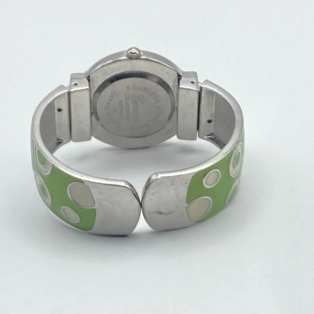 Geneva Women's Watch Silver Tone Green Enamel Look Cuff MOP New Battery SMALL 6